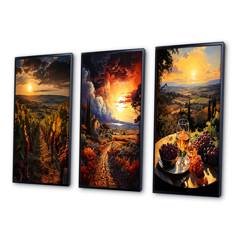 «French Vineyard In Bordeaux», 3 pièces sur toile, Cadre noir, H 32 po x l 48 po