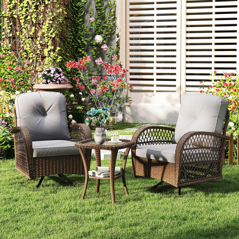 3 Pcs Patio Swivel Rocker Set Gliding Bistro Furniture Set With Tempered Glass Table, Gray