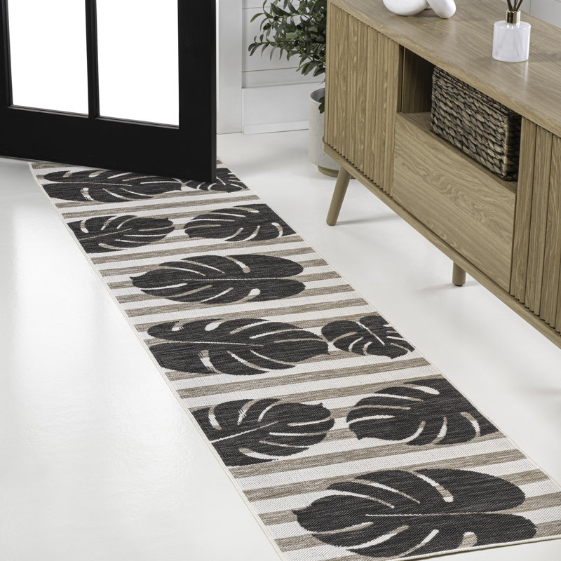 Tapis d'intérieur / extérieur noir / beige Colgin Classic Beach Stripe and Monstera Leaf, Tapis de couloir 2 pi x 7 pi 10 po