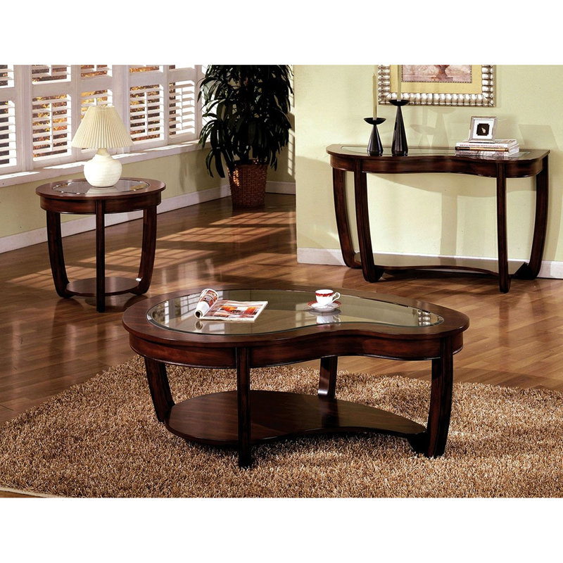 Table basse en cerisier brun foncé avec plateau biseauté en verre biseauté de 5 mm de largeur et plateau ouvert