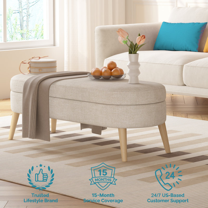 Storage Bench 43.5" Linen Fabric Upholstered Entryway Bench, Beige