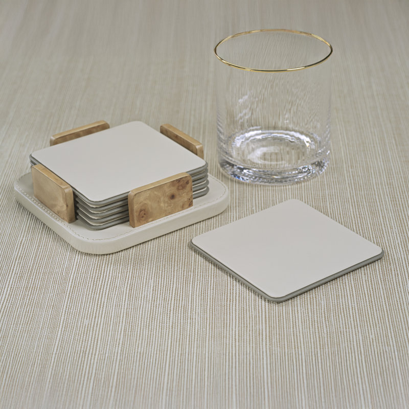 Sotto 6-Piece Leather Coaster Set with Holder, Ivory, Brown