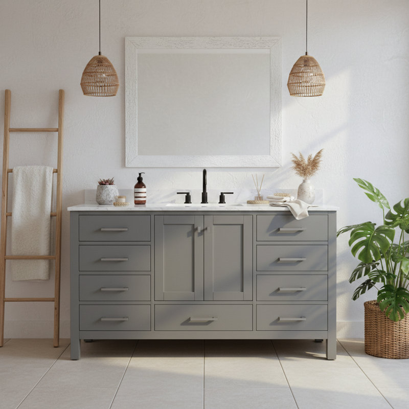 Ensemble de meuble-lavabo simple 60 po avec lavabo intégré, structure en bois massif, tiroirs à fermeture en douceur et armoire de rangement, conception autoportante moderne (gris)