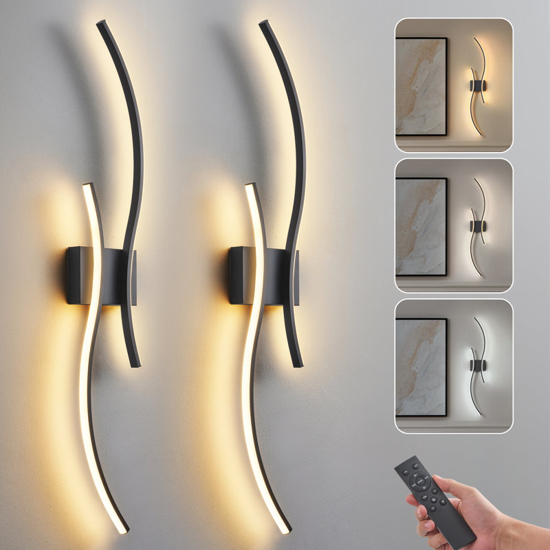 2-Pack Battery Operated Wall Sconces with Remote Control, Non-Hardwired LED Flush Mounted Sconces, Matte Black, 23.6 Inch