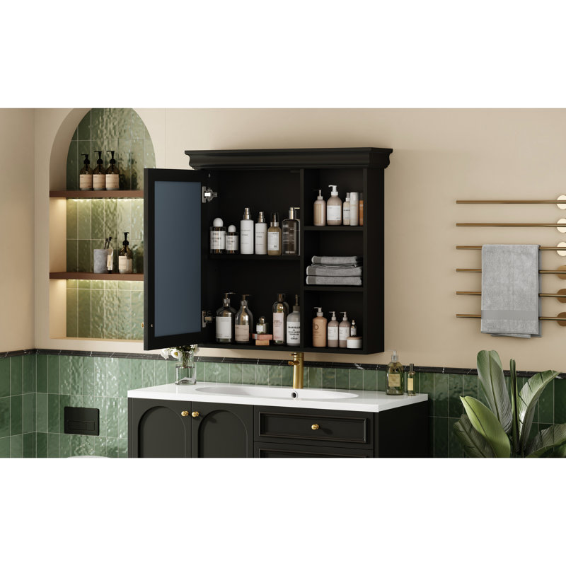 Armoire à pharmacie murale noire moderne avec miroir 30 po x 28 po, convient aux petites tablettes réglables de salle de bain et de bureau, charnières à fermeture douce, rangement de salle de bain, bureau, cuisine