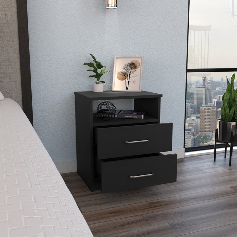 Table de chevet, table de bout, plateau supérieur, deux tiroirs, une tablette, Noir