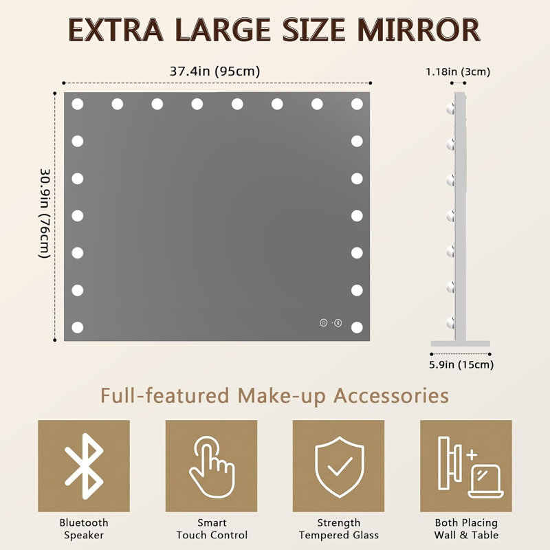 Miroir de salle de bain Hollywood avec lumières, miroir de maquillage à DEL 3 couleurs à intensité variable avec port de charge USB, commande tactile et fonction de mémoire, miroir de salle de bain éclairé avec miroir grossissant 10X