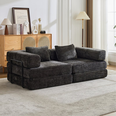 Canapé à compression, canapé-lit à plancher convertible avec structure de forme fixe, canapé modulaire sans os sans causeuse, sans assemblage requis, tissu chenille, pour la chambre du salon, noir