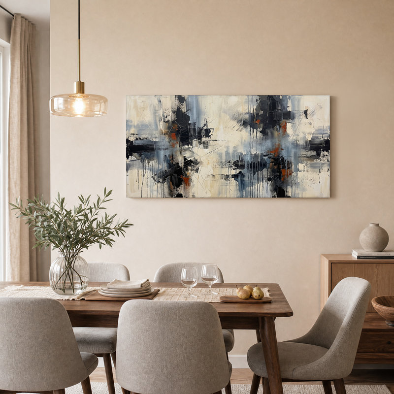 Toile abstraite abstraite noire, grise et orange, L 58 po x H 28 po