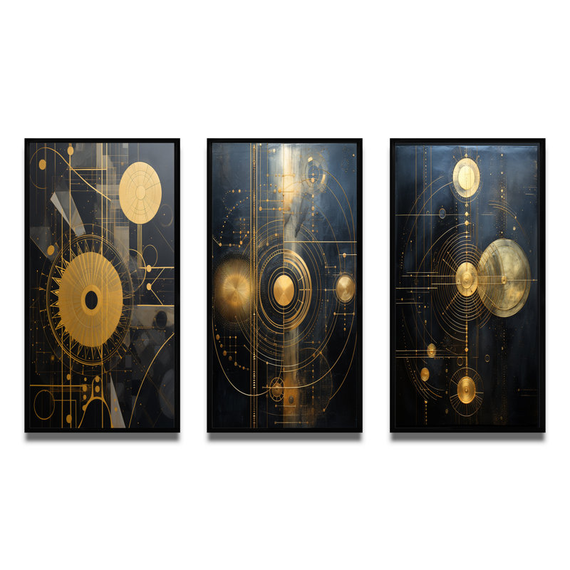 "Ancienne sagesse d'Atlantis rétro géométrie II" - 3 pièces, Cadre flottant noir, H 28 po x l 36 po
