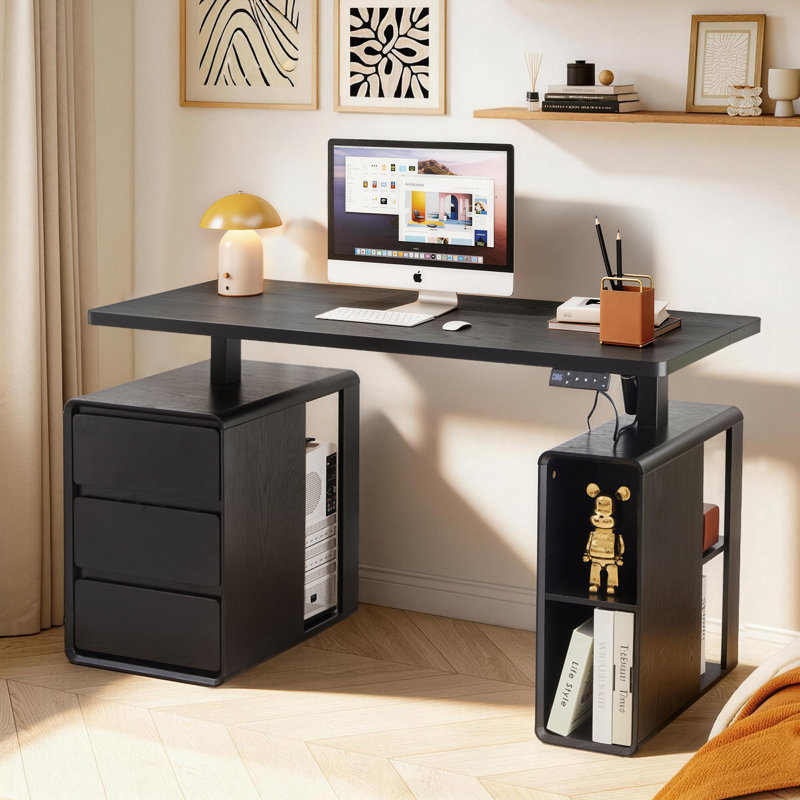 57.48'' Wide Height Adjustable Electric Standing Desk with Storage, Black