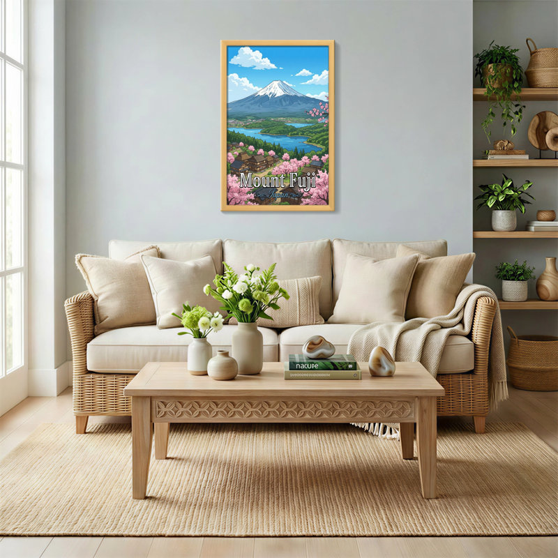 Paysage pittoresque et urbain au mont Fuji, paysage de cerisiers en fleurs au Japon, H 30 po x l 20 po