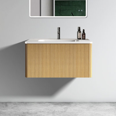 Meuble-lavabo mural Quandro 30 po - Chêne naturel rayé avec lavabo en céramique blanc Fixation de coins flottants sécurisés et commodes