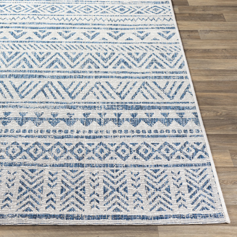 Tapis intérieur / extérieur tissé à la machine en denim / bleu marine / blanc Hongming, Rectangle 6 pi 7 po x 9 pi