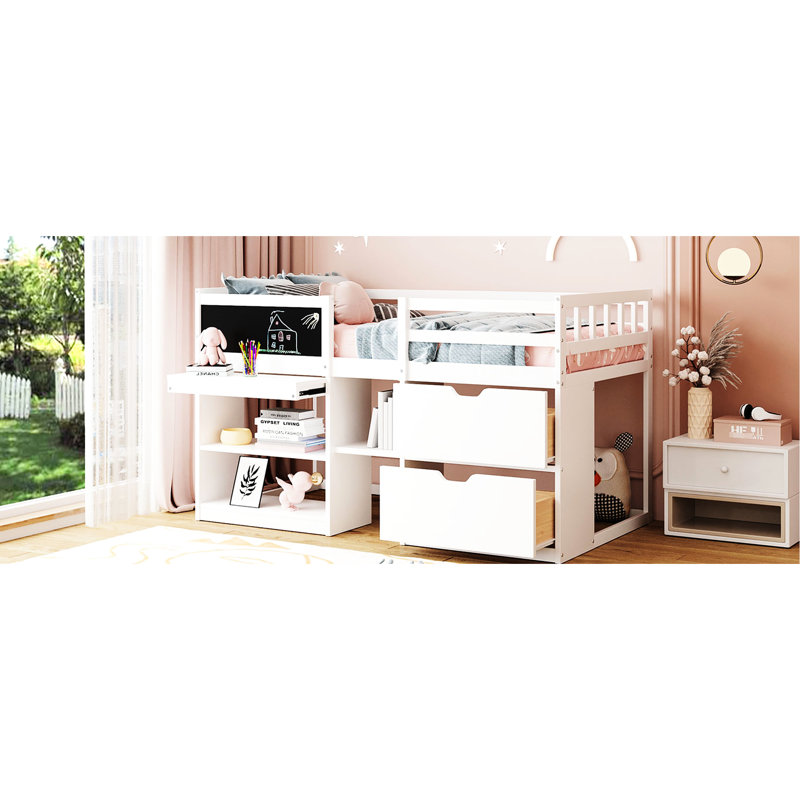 Lit mezzanine simple simple avec bureau roulant, tablette et tiroirs - Blanc, design attrayant en bois massif blanc pour un intérieur de chambre à coucher moderne