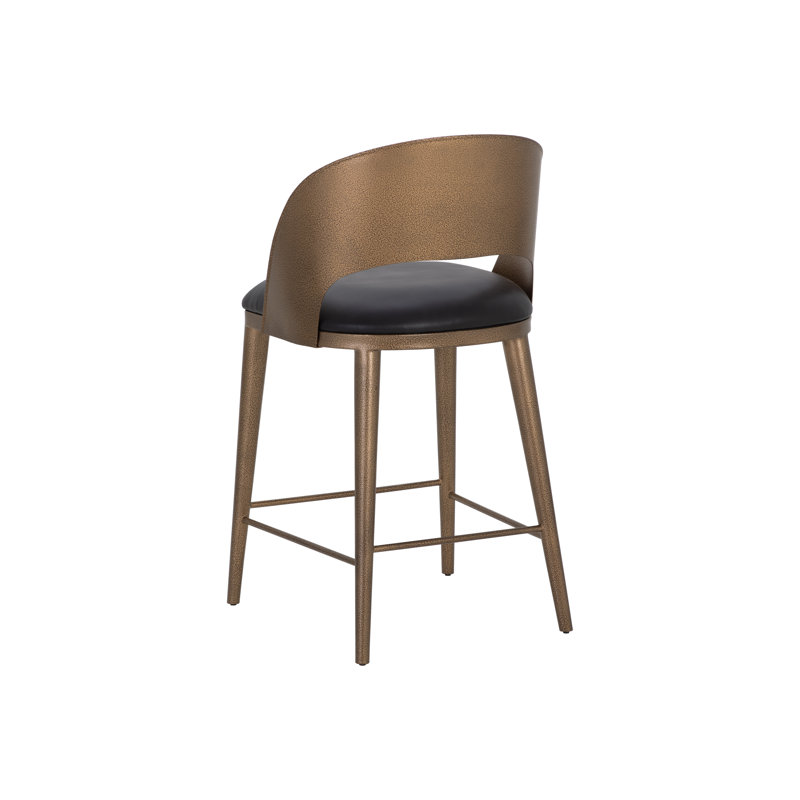 Dezirae Counter Stool - Antique Brass - Charcoal Black Leather, Counter Stool (26" Seat Height), Antique Brass/Charcoal Black