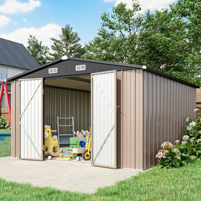 10' x 12' Brown Metal Storage Shed with Gable Roof, Outdoor Garden Tool Shed for Patio and Backyard