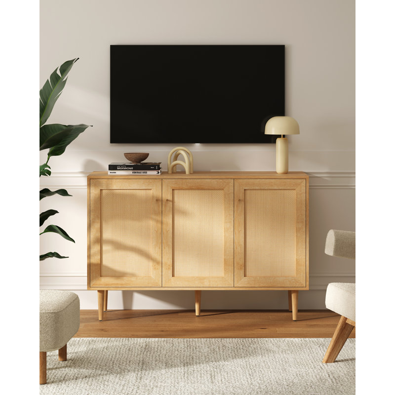 Rattan 3 Door Sideboard Accent Cabinet, Oak