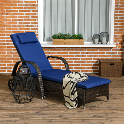 Chaise longue de piscine confortable à 5 niveaux, avec roulettes, coussin et fauteuil joyeux brun et bleu foncé, réglable