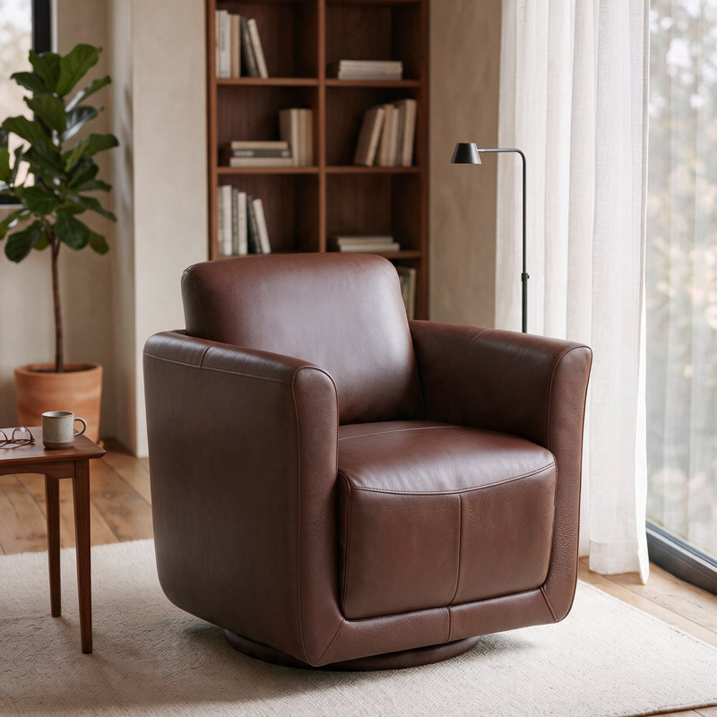 Fauteuil demi-tonneau pivotant à 33 ° en cuir véritable de 33 po de largeur avec structure en bois massif, aucun assemblage requis