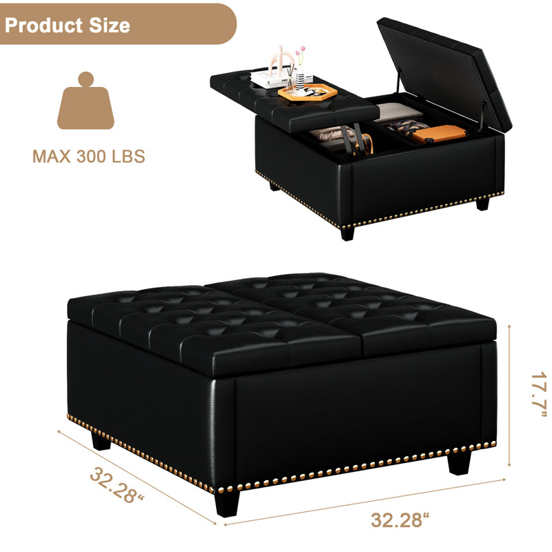 Grand rangement carré Ambridge de style Mid-Century avec rivets, rangement moderne en similicuir noir, détails, Noir