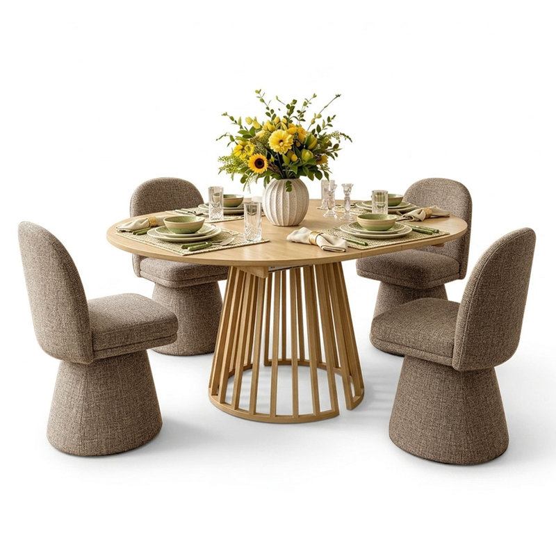 4- Person Dining Table Sets With Extendabe Oval Table & 4 Upholstered Tweed Swivel Chairs, Brown