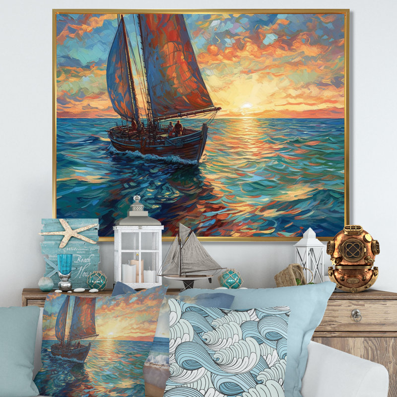 Sail Sail At Sea IV, reproduction d'art sur toile, H 24 po x l 32 po x P 1 po, Cadre flottant doré