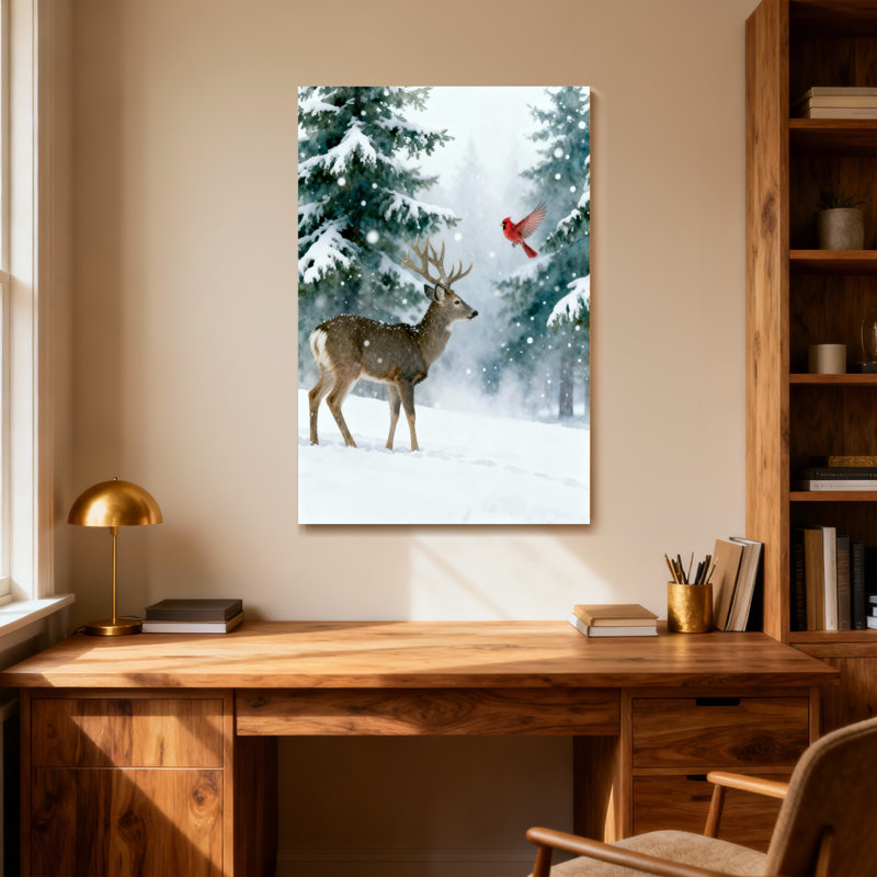 Animaux, hiver, cerf et oiseau rouge, H 18 po x l 12 po