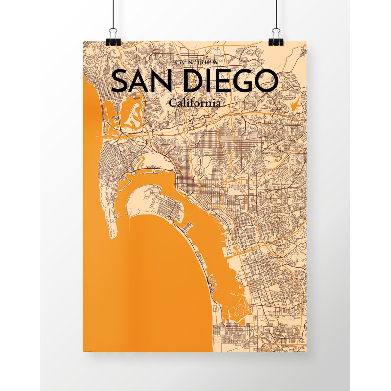 San Diego City Map 1 Piece Wall Art, 61cm H x 45.7cm W x 0.13cm D, Light Orange