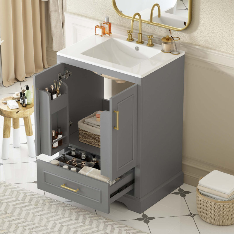 Meuble-lavabo 24 po avec lavabo, armoire en panneau de fibres à densité moyenne avec cadre en bois massif, 1 tiroir divisé et 2 portes à fermeture douce avec double tablette sur la porte, meuble-lavabo autoportant