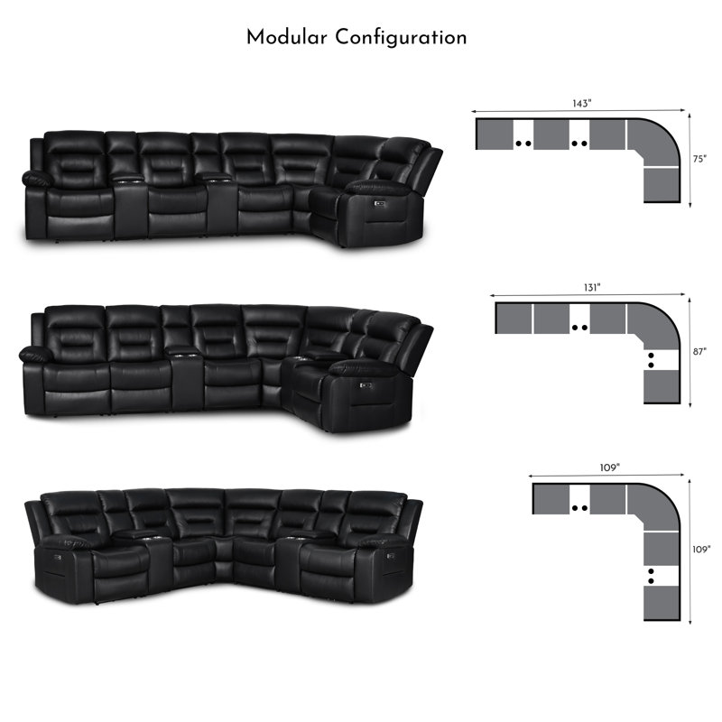 7-Piece Power Recliner Chair Reclining Sectional with 2 Power Recliners and Built-in USB Port Hidden Cupholder