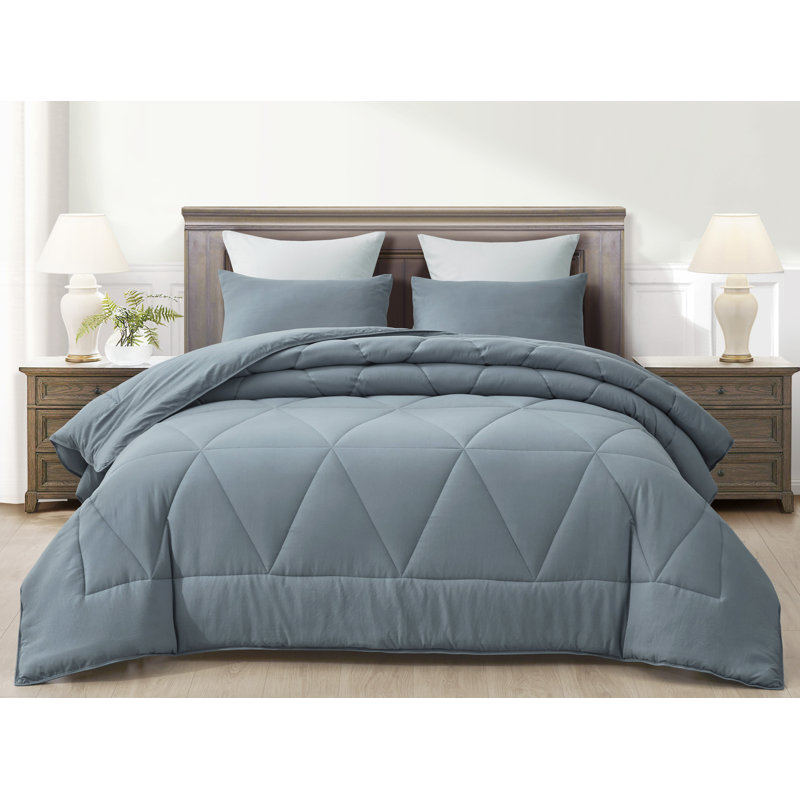 Washed Microfiber Bedding Polyester Comforter, King Comforter + 2 King Shams, Blue