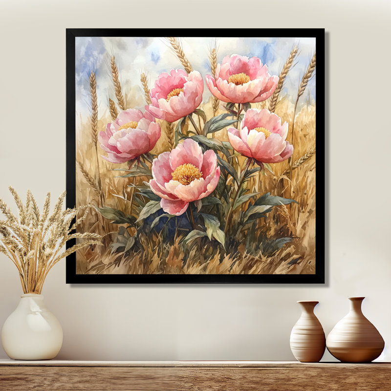 Pivoines dans le champ de blé I - pivoines, art mural, H 36 po x l 36 po, Avec cadre, Noir