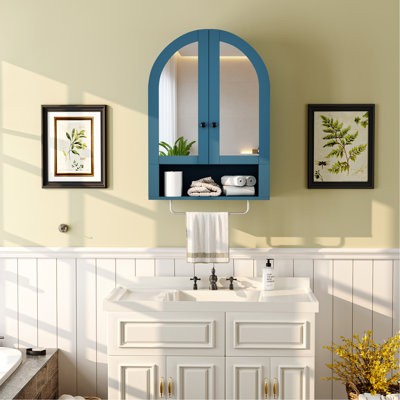 Wall Mounted Arched Cabinet With Mirrored Doors And Adjustable Shelves For Laundry Room, Bathroom, Kitchen