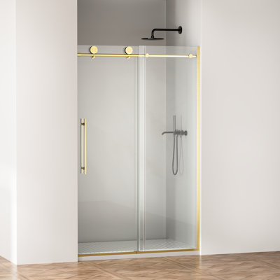 Porte de douche coulissante en verre trempé transparent de 44 à 48 po de largeur et 75 de hauteur, 5/16 po de 8 mm, revêtement Nano pour porte longue durée, salle de bain traditionnelle américaine en or brossé l x H, film à l'épreuve de 8 mm, douche à fuites,