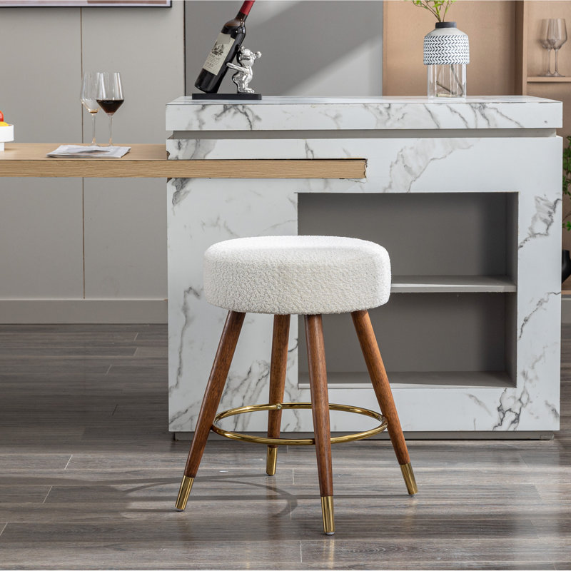 Tabouret pivotant à 360 ° à hauteur de comptoir - Mid-Century moderne, revêtement blanc Boucle, revêtement de couleur bois en blanc, bois, salle à manger Passion