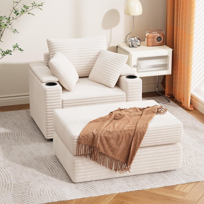 Indoor Oversized Sleeper Chair With Ottoman, Beige Linen
