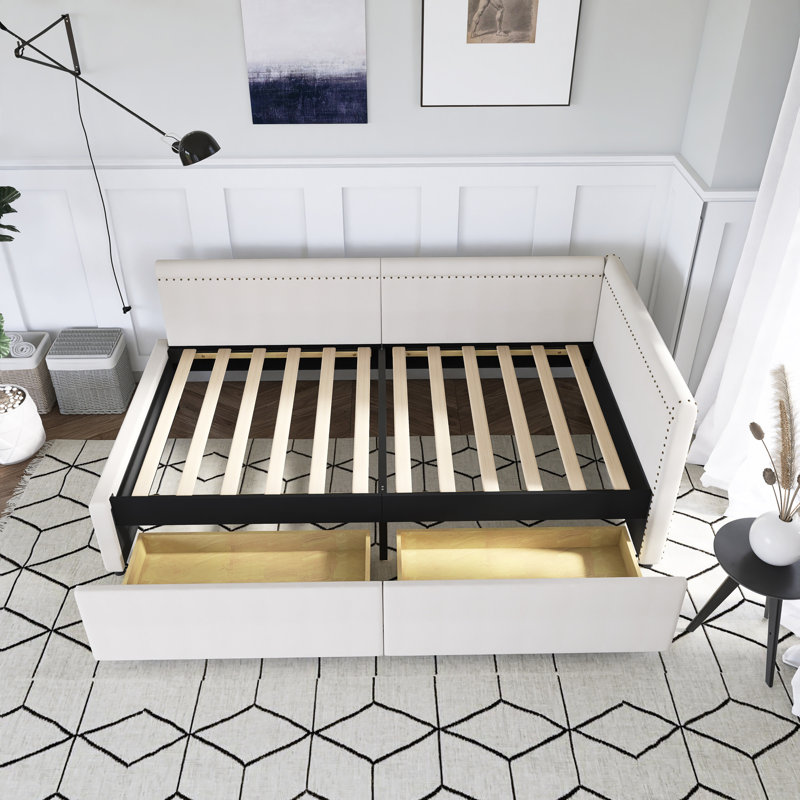 Lit de jour simple en L tapissier avec 2 tiroirs, Beige