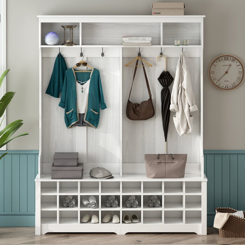 Hall Tree 60'' Wide with Bench and Shoe Storage, White