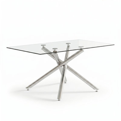 Modern Rectangle Tempered Glass Dining Table with Metal X-Shaped Cross Base