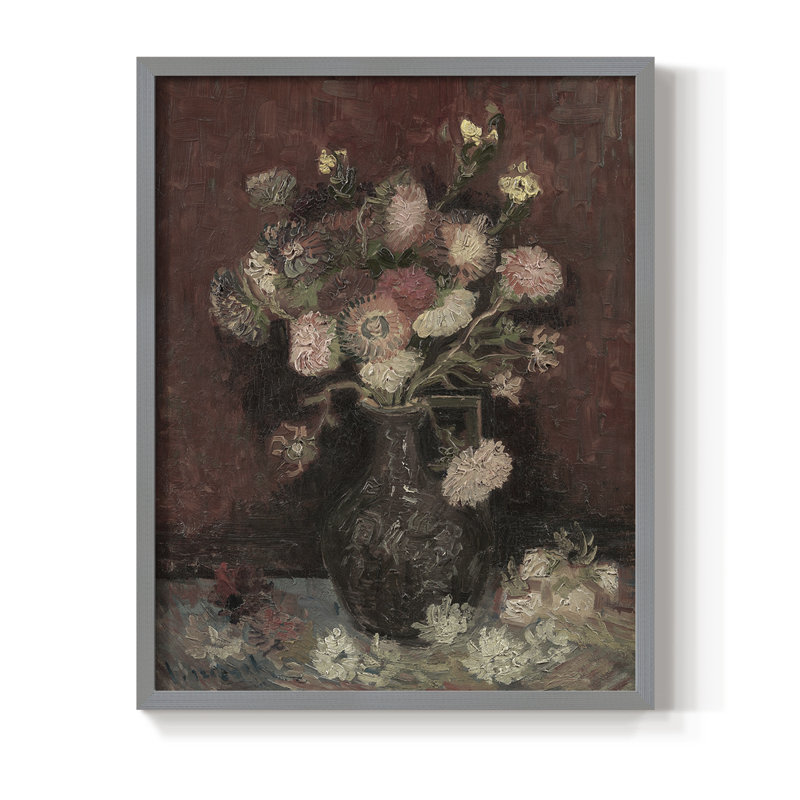 Impression florale rétro encadrée CXIV - bois massif, H 30 po x l 24 po, Gris