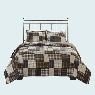 3 Piece Reversible Printed Quilt Set Black/Brown Full