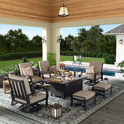 Chamber 4 - Person Outdoor Swivel Conversation Seating Group With Sunbrella® Cushions, Fire Pit Table And Ottomans