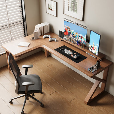 Light Brown L-Shaped Solid Wood writing desk