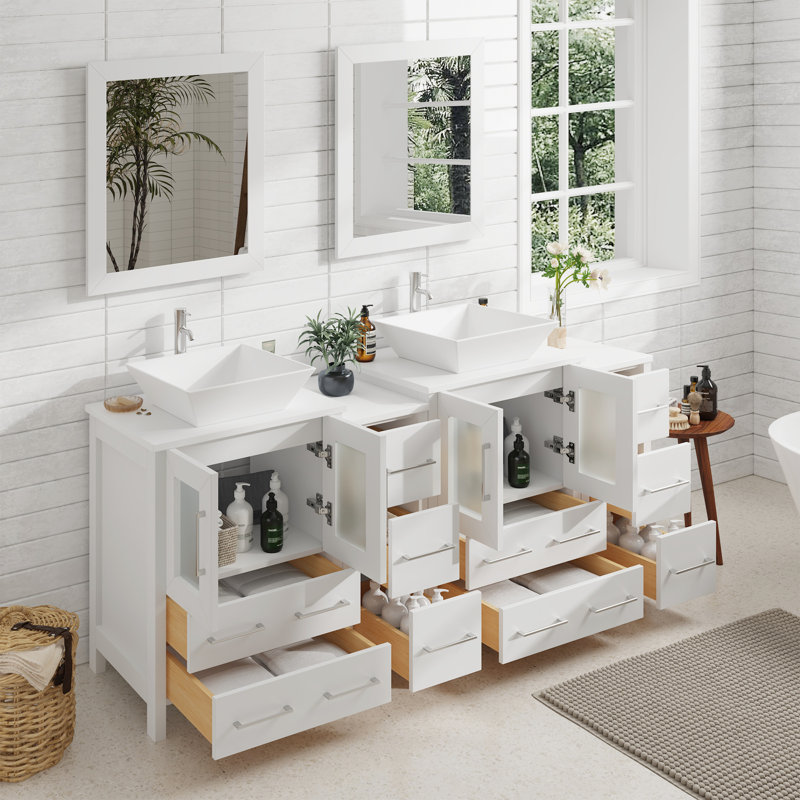  72" Double Bathroom Vanity Set with Mirror, White