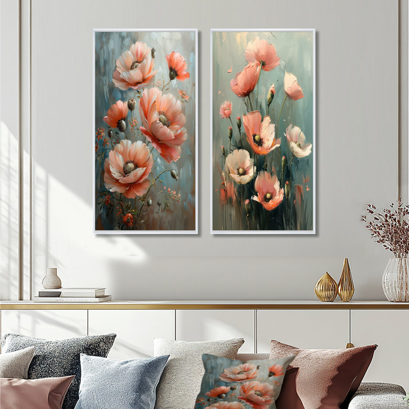«Pink Poppies Flowers Still Life Charm I - Poppies», ensemble de 2 art mural, H 40 po x l 40 po, Impression encadrée, Blanc