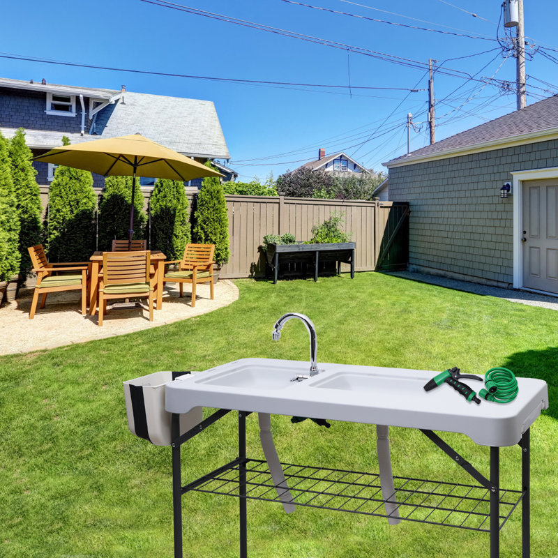 Portable Fish Cleaning & Picnic Table: Dual Sinks, Spray Nozzle, Grid Rack, and Tool Kit