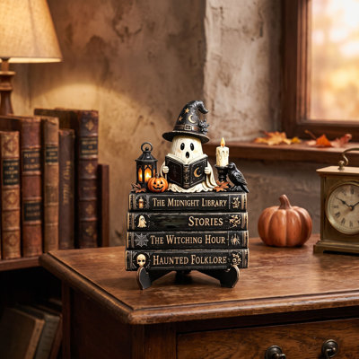 Cute Ghost Reading Statue. Wooden Base Fall Ghost Figurine. Halloween Bookshelf Tabletop Home Decor