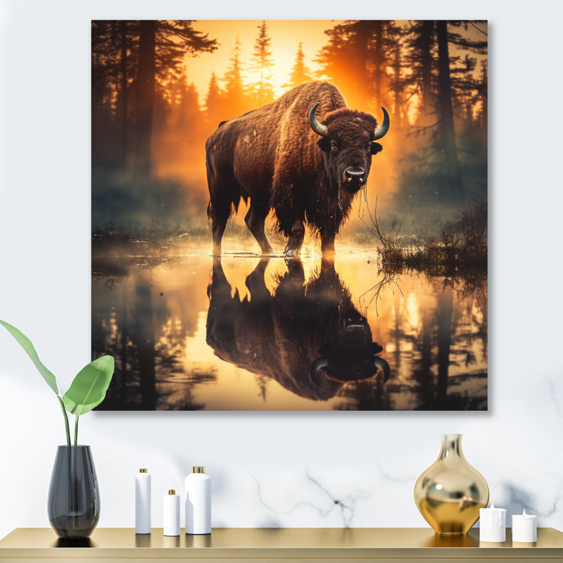 Orange brun double exposition Buffalo I - Paysages, art mural en métal, salon, H 16 po x l 16 po x P 1 po
