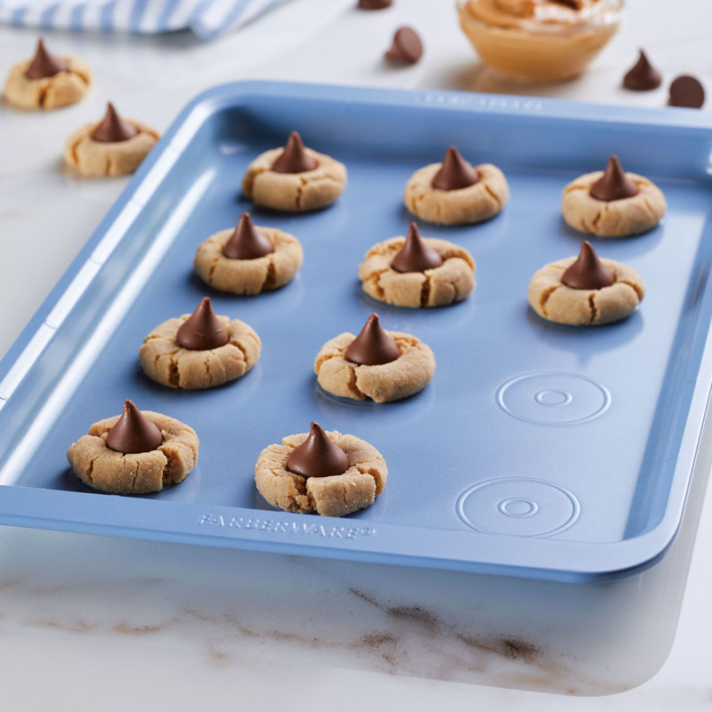Blue Nonstick Steel Cookie Baking Sheet with Handles